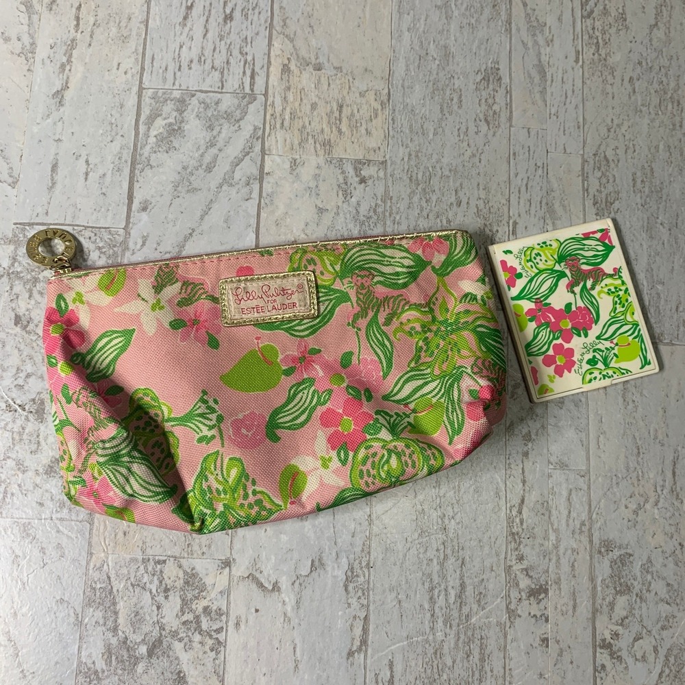 Lilly Pulitzer For Estee Lauder Make Up Bag Pouch With Mirror Pink Floral